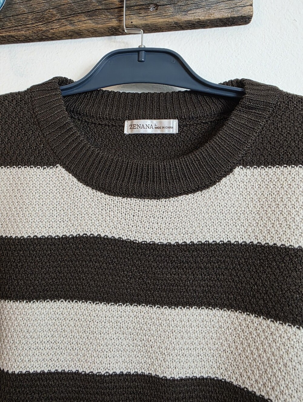 Zenana Brown Cream Striped Knit Sweater Large Long Sleeve Oversized Coastal - Picture 5 of 15